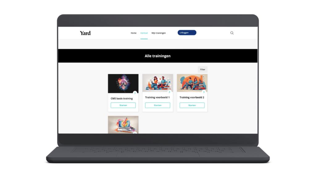 Per regel zie je 3 e-learnings. Iedere e-learning bestaat uit een blok met een afbeelding, titel en knop om de e-learning te starten. Met LearnDash is het eenvoudig om een gebruiksvriendelijk e-learningplatform te ontwikkelen.