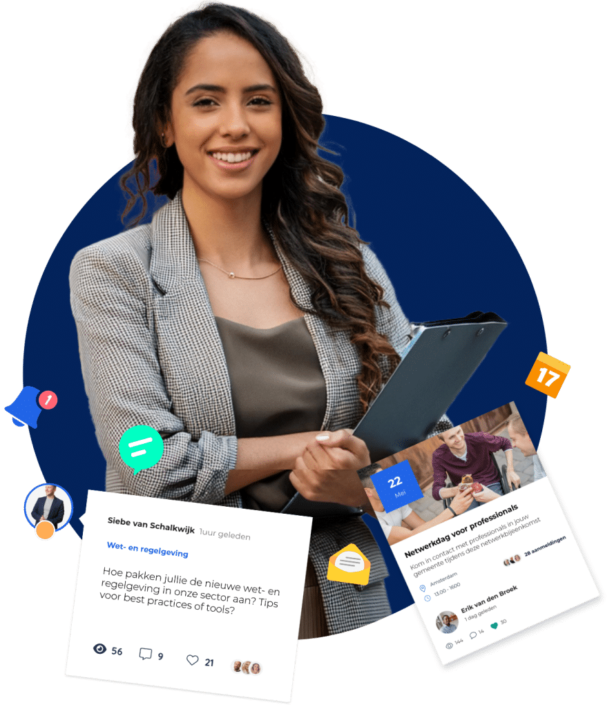 Op de afbeelding zie je een lachende vrouw met een colbertje aan. Daaronder staan afbeeldingen uit de communitysoftware Yunits: een voorbeeld van een vraag die iemand stelt en een evenement. - Het e-learningplatform inrichten is stap 4 in het stappenplan voor e-learnings opzetten.