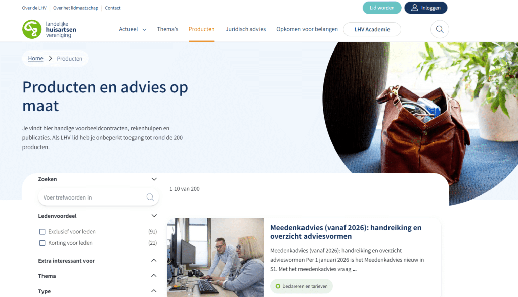 De kennisbank op de website van de Landelijke huisartsenvereniging heeft uitklapbare filters en je kunt filteren op content exclusief voor leden.