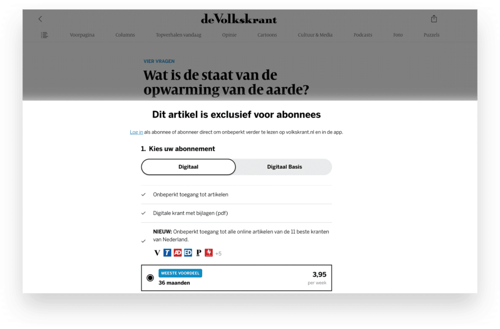 Een voorbeeld van gated content op de webpagina van Volkskrant. Om het artikel over opwarming van de aarde te kunnen lezen, moet je als abonnee inloggen.