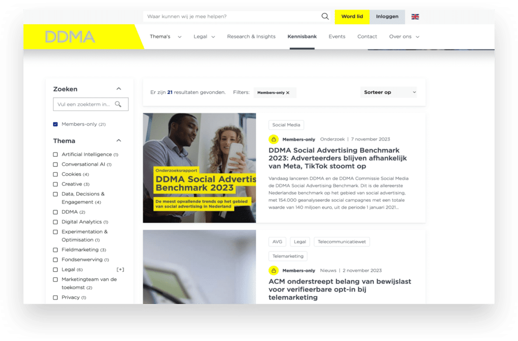 Je ziet de kennisbank van DDMA met aan de linkerkant allerlei filters en aan de rechterkant artikelen. Een van de filters is 'members-only'. Deze content is exclusief voor leden.