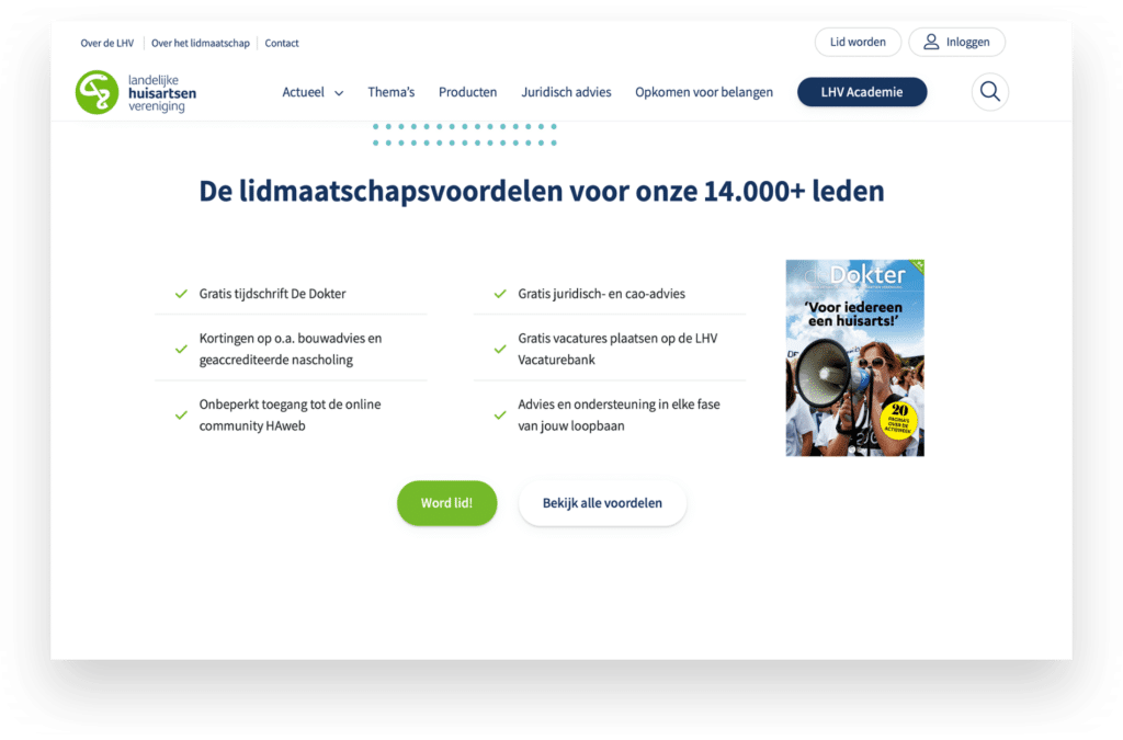 De website van de LHV, met een opsomming van de voordelen van een lidmaatschap. Alleen leden krijgen toegang tot premium content.