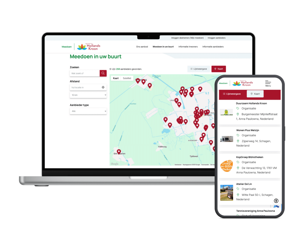 Twee schermen van de meedoen-omgeving van gemeente Hollands Kroon. Je ziet hoe inwoners kunnen zoeken naar activiteiten via een kaart en via een lijst met filters.