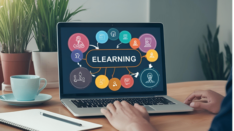 Het woord 'e-learning' is zichtbaar op een laptopscherm