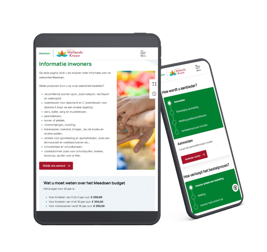 De afbeelding laat twee pagina's zien van de Meedoen-omgeving van Hollands Kroon: een voor inwoners en een voor aanbieders.