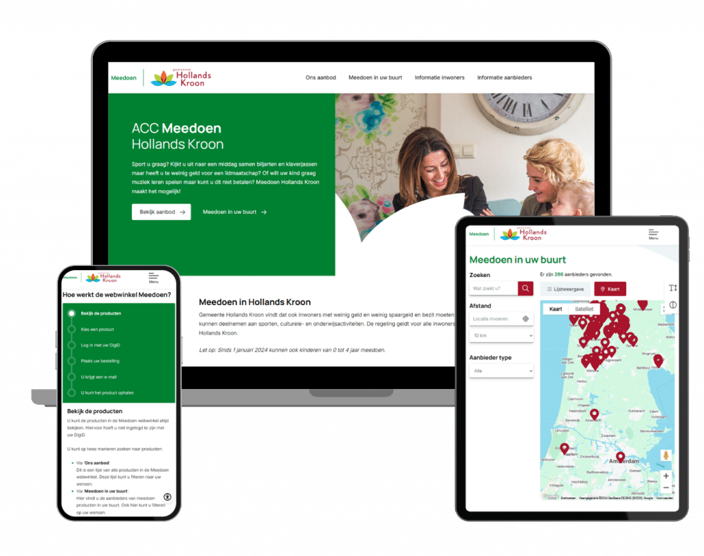 Verschillende pagina's van de meedoen-omgeving van Hollands Kroon op een laptop, mobiele en tablet.