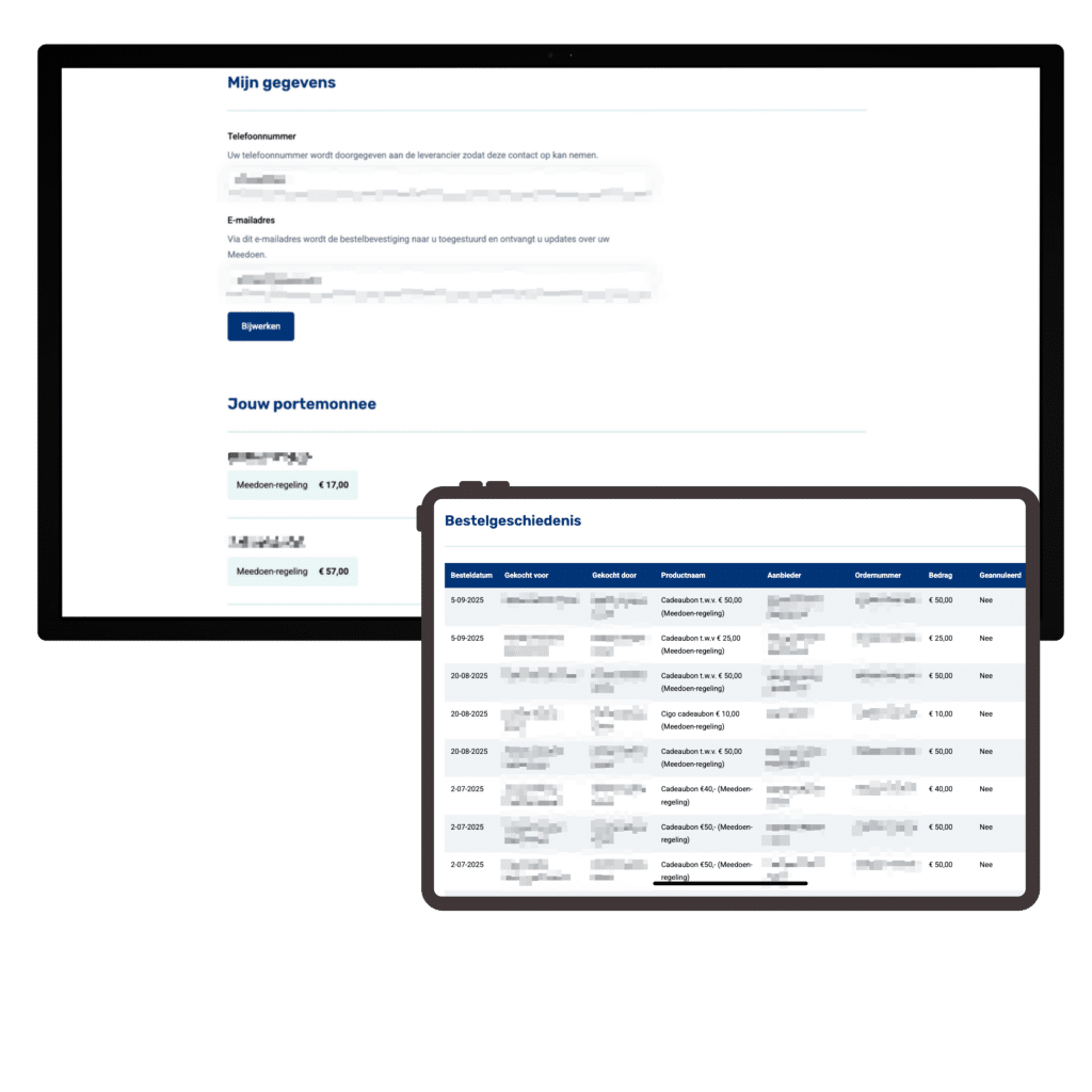 In de meedoen-omgeving loggen inwoners in met DigiD. Daarna zien ze overzichten van hun persoonlijke gegevens en hun bestelhistorie. Dit zie je op twee schermen van gemeente Hellendoorn.