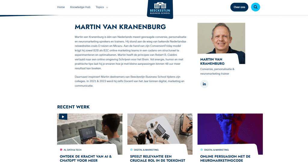 Deel van de auteurspagina binnen de Knowledge hub van Beeckestijn Business School. Op deze pagina staat een afbeelding van de expert, een korte biografie en recente bijdragen aan de kennisbank.