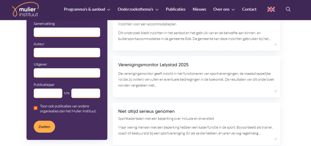 Deel van de kennisbank van het Mulier Instituut. Via een checkbox kun je aangeven of je ook publicaties van andere organisaties wilt opnemen in de zoekresultaten.