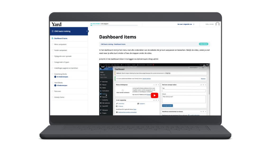 Voorbeeld van het dashboard in LearnDash. Je ziet een overzichtspagina met verschillende onderdelen die je nodig hebt om een e-learning te beheren. Het leertraject ontwerpen is stap 3 in het stappenplan voor e-learnings opzetten.