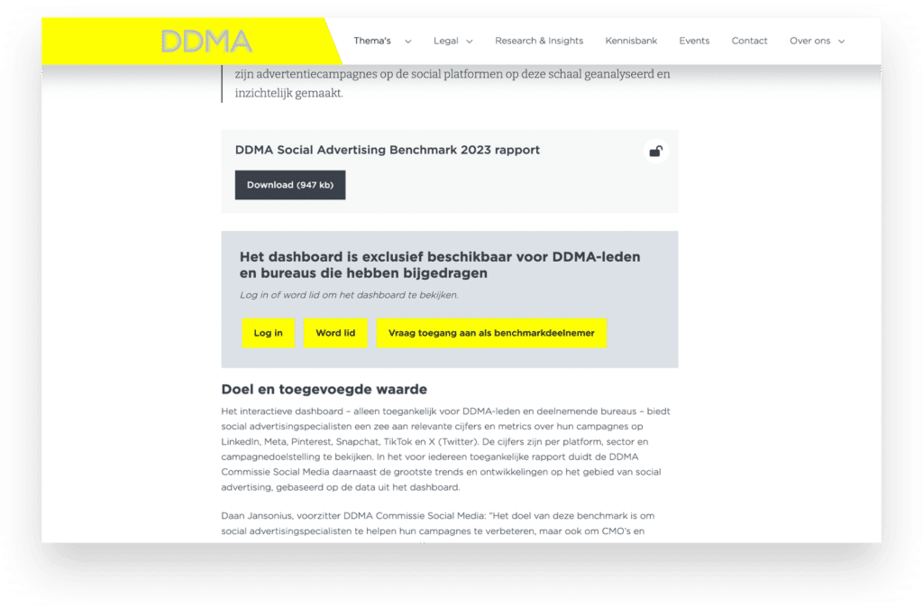 Een voorbeeld van gated content op de website van DDMA. Het nieuwsartikel over een benchmarkrapport is openbaar, maar het rapport zelf is exclusief voor leden en bureaus die hebben bijgedragen. Op deze afbeelding zie je deze melding. 