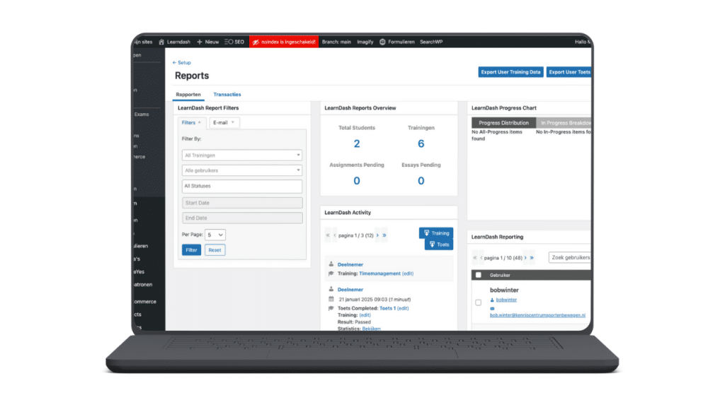 Op de afbeelding zie je dat je in LearnDash rapporten kunt maken met verschillende filters, zoals training en gebruikers. Ook zie je een beknopt overzicht van enkele statistieken, zoals het aantal deelnemers en trainingen.