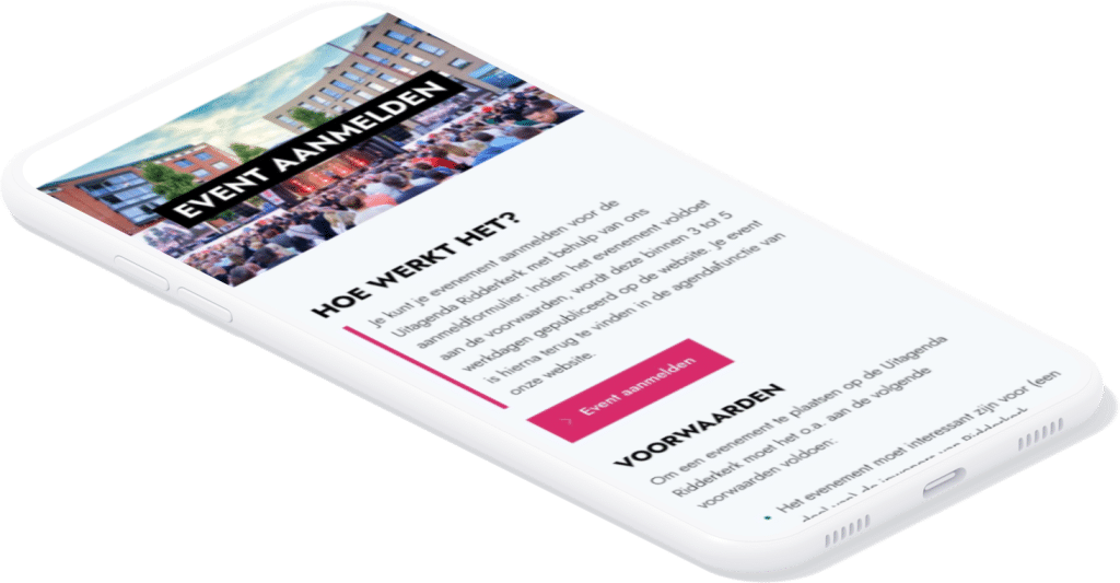 Deel van het formulier waarmee organisatoren hun evenement kunnen aanmelden voor de uitagenda van Ridderkerk op een smartphone.