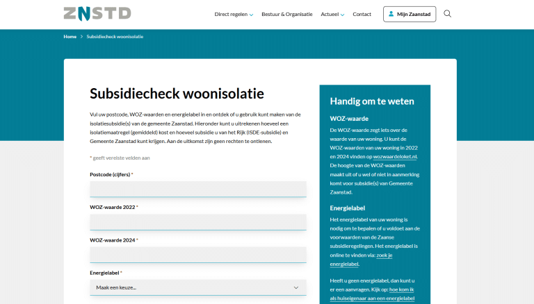 Homepage Subsidiechecker gemeente Zaanstad met de velden die inwoners moeten invullen om te controleren hoeveel subsidie ze kunnen krijgen.