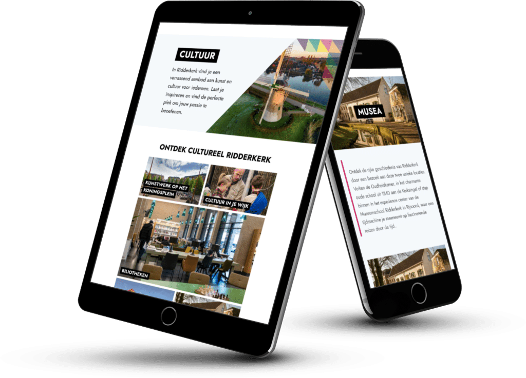 Twee landingspagina's binnen de uitagenda van gemeente Ridderkerk over de onderwerpen cultuur en musea op een mobiel en tablet. Op de landingspagina's staat meer informatie over deze onderwerpen en vind je bijpassende evenementen.