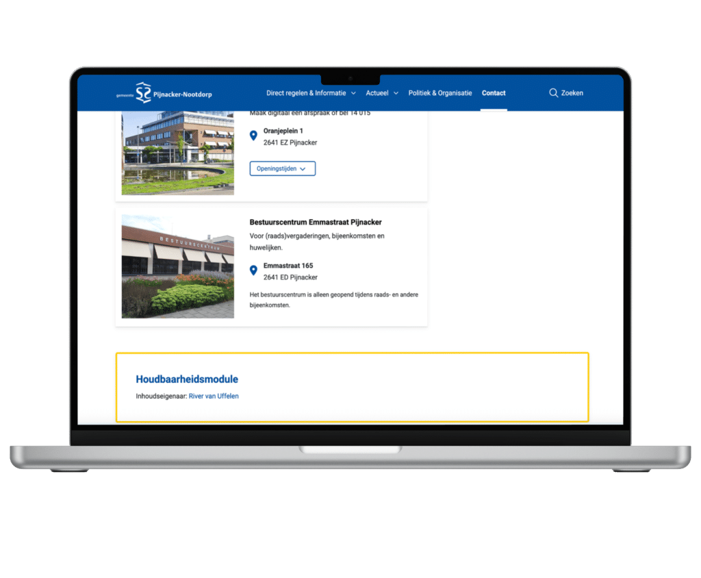 Onderwaterscherm op de website van gemeente Pijnacker-Nootdorp. Hier zie je wie de inhoudseigenaar van de betreffende pagina is.