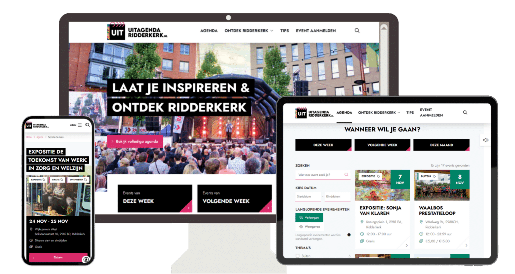 3 pagina's van de uitagenda van gemeente Ridderkerk op 3 verschillende schermen. Je ziet de homepage, overzicht van de agenda en een detailpagina van een evenement.