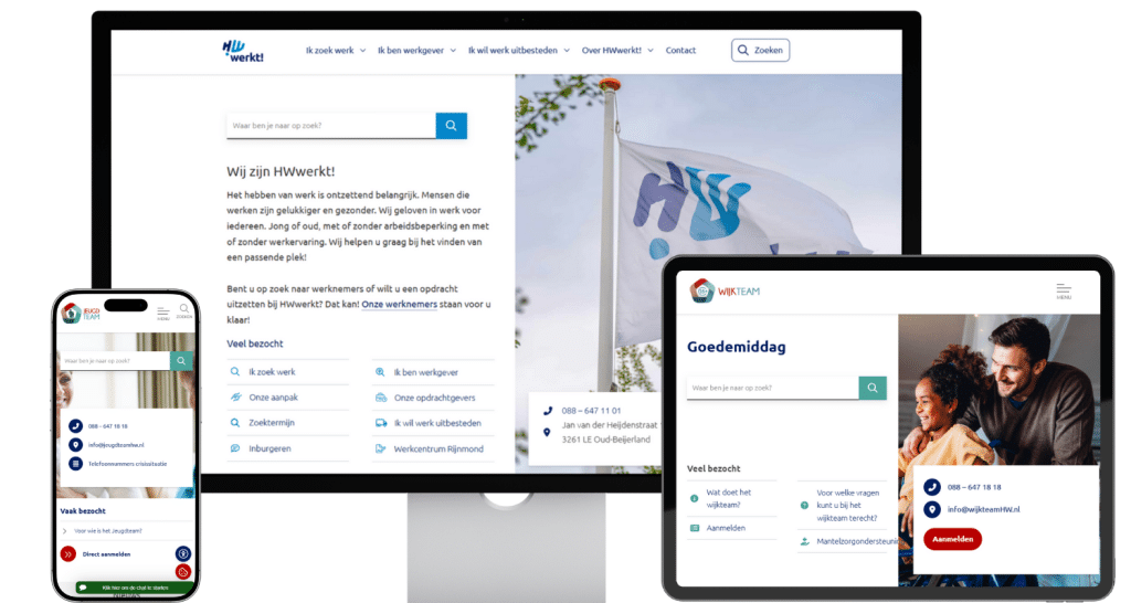 3 subsites van gemeente Hoeksche Waard op verschillende schermen. Het zijn de websites van het wijkteam, sociaal werkbedrijf en jeugdteam.