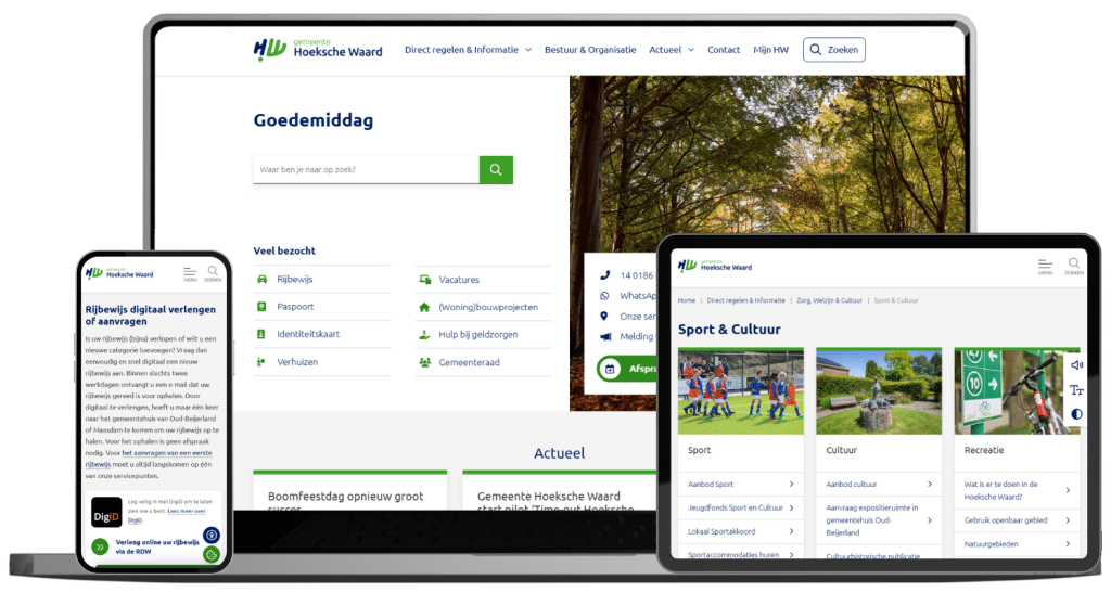De hoofdsite van gemeente Hoekse Waard op 3 verschillende schermen.
