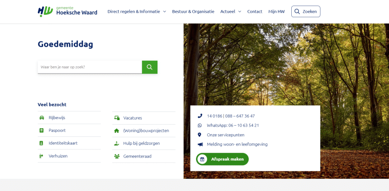 Screenshot van de gemeentewebsite Hoeksche Waard.
