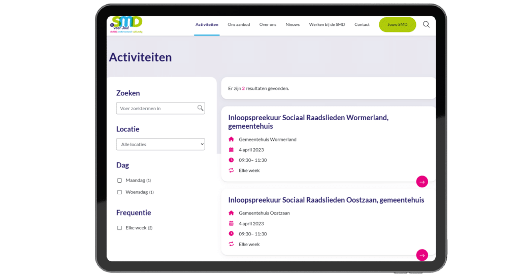 Tabletscherm met daarop de activiteiten die De SMD organiseert. De activiteiten worden automatisch ingeladen vanuit RegiCare, zodat De SMD ze maar op één plek hoeft te beheren.