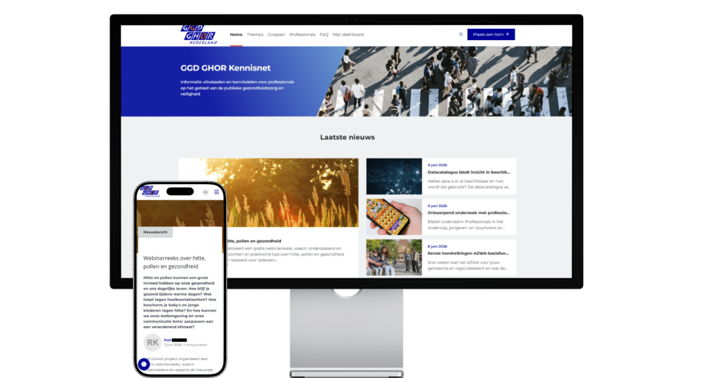 De homepage van GGD GHOR Kennisnet op een desktopscherm en een detailpagina op mobiel.