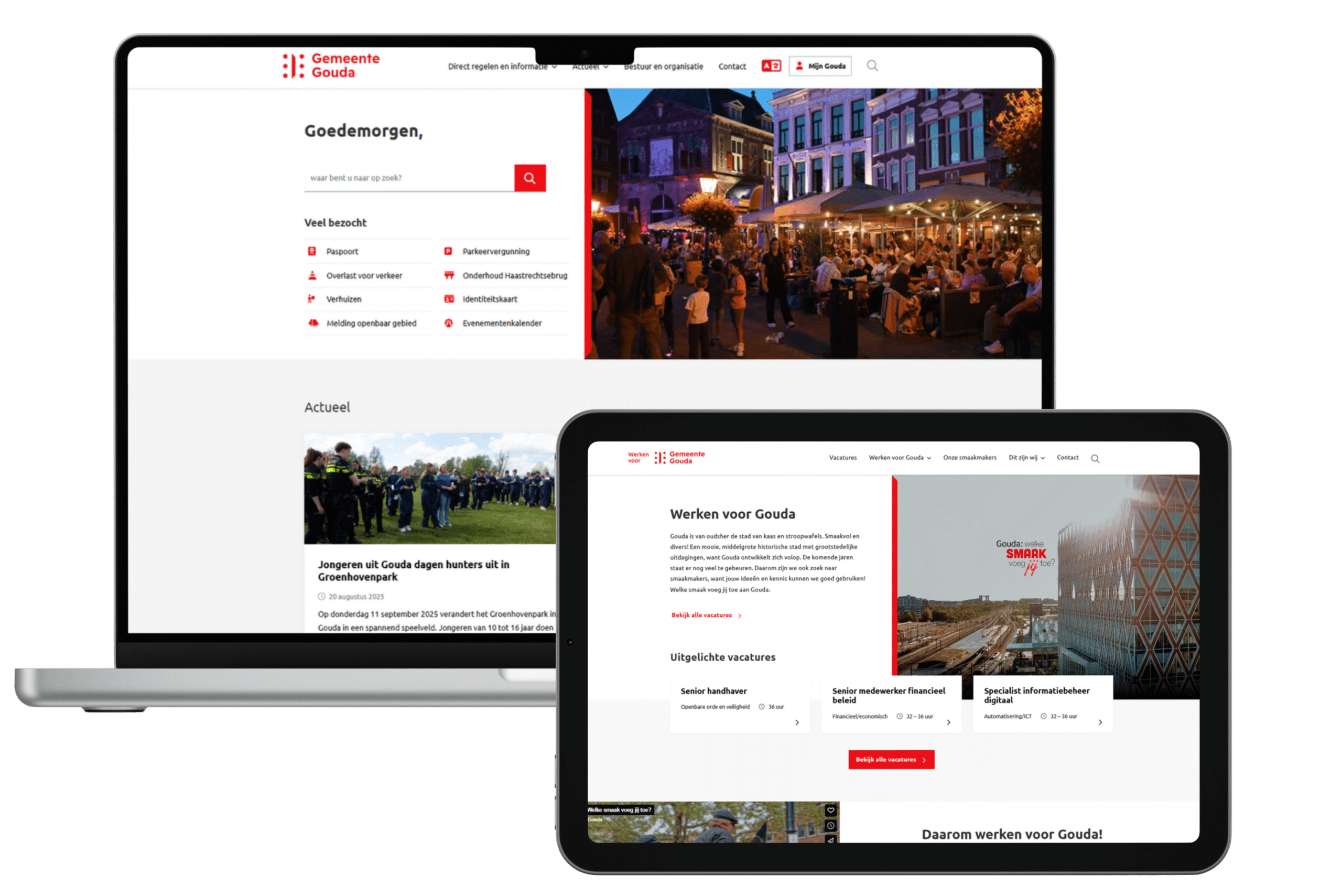 De gemeentewebsite en werken-bij site van gemeente Gouda hebben een herkenbare huisstijl. Zo worden dezelfde kleuren (rood/wit) en pagina-indeling gebruikt. 