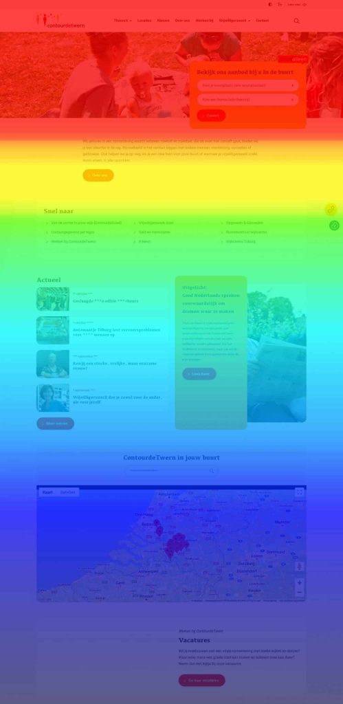 De temperatuurkleuren op de website heatmap geven aan hoeveel bezoekers dat deel van de pagina zien. Het bovenste deel van de pagina is rood. Daarna verandert dit naar geel, groen, lichtblauw en donkerblauw. Hoe warmer de kleur, hoe meer bezoekers dat deel van de pagina bekijken.