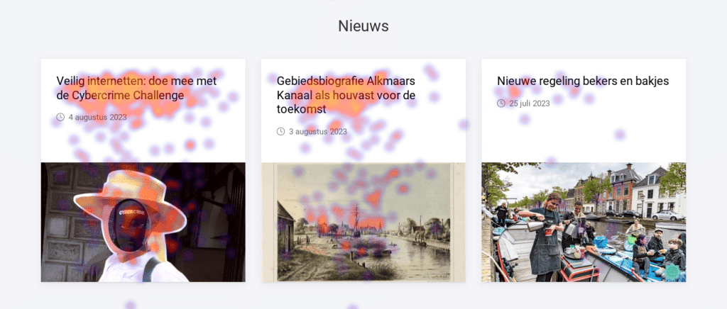 De website heatmap laat zien dat veel mensen op de afbeelding klikken. De titels en de afbeeldingen van de nieuwsberichten lichten geel/rood op. Dat zijn de plekken waar veel mensen klikken.