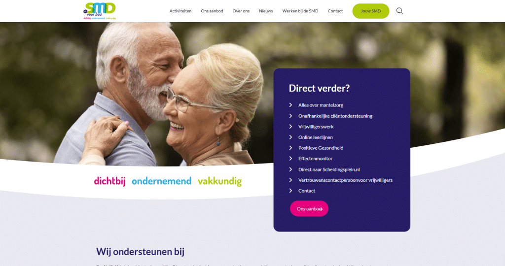 Homepage van de website www.desmd.nl. Voor welzijnsorganisatie De SMD hebben wij een vraaggerichte, toegankelijke website gebouwd.