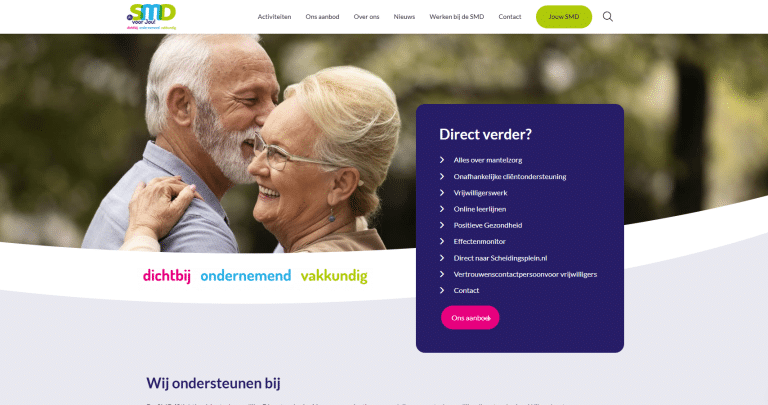 Homepage van de website www.desmd.nl. Voor welzijnsorganisatie De SMD hebben wij een vraaggerichte, toegankelijke website gebouwd.