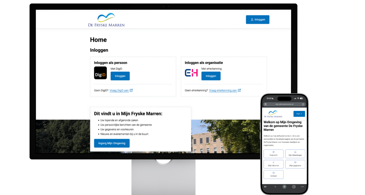 Laptop met het inlogscherm van de MijnOmgeving van gemeente Fryske Marren. En een mobiel met op het scherm de welkomstboodschap die je ziet na het inloggen.