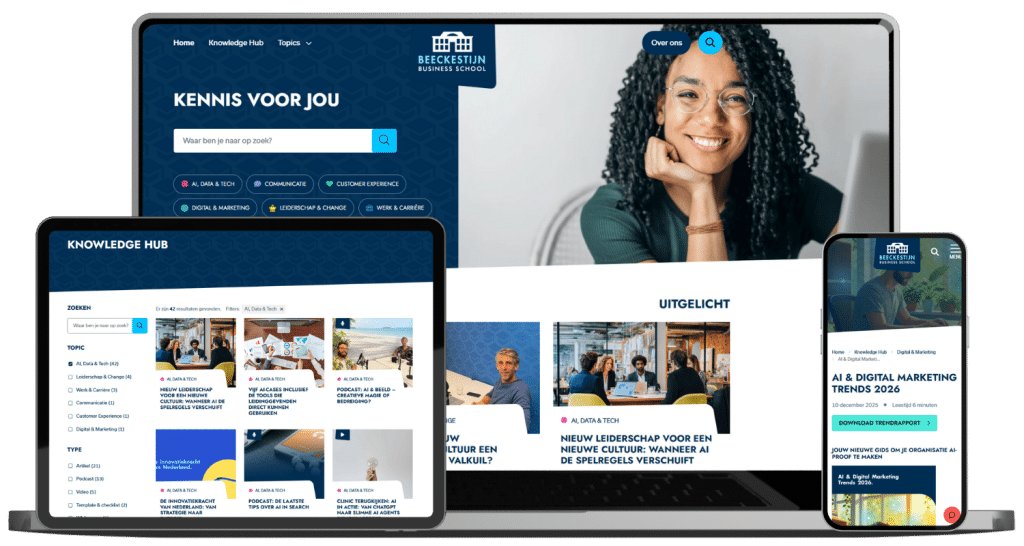De homepage, kennisbank en een detailpagina van de Knowledge Hub van Beeckestijn op laptop, tablet en mobiel.