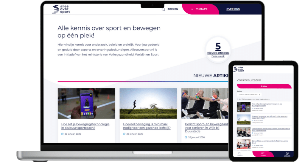 Homepage van kennisplatform Alles over sport van Kenniscentrum Sport en bewegen op een laptop. En de zoekresultaten in de kennisbank op een tablet.