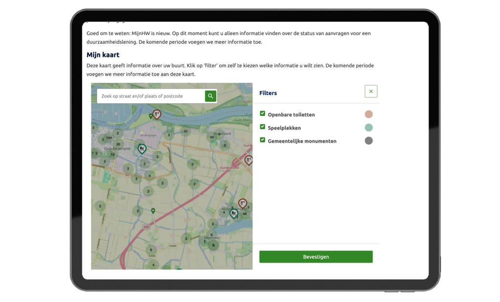 Afbeelding van MijnKaart in de MijnOmgeving van gemeente Hoeksche Waard. Hieraan kan de gemeente allerlei informatie toevoegen zoals hondenuitlaatplekken, speeltuinen en projecten.