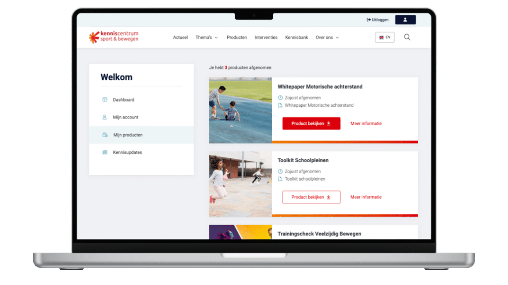 De mijnomgeving van Kenniscentrum Sport en bewegen op een laptop, 