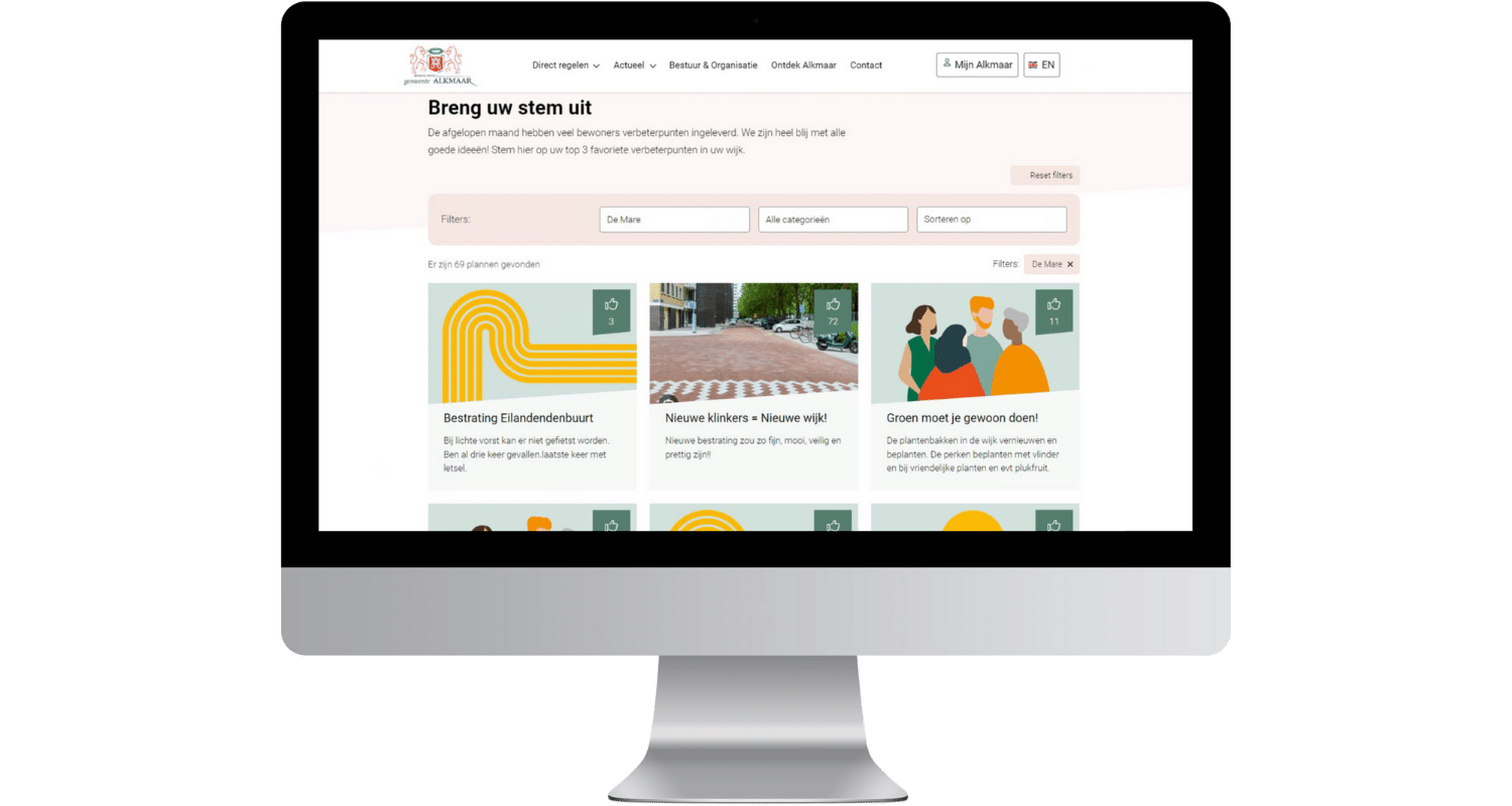 De participatiepagina van gemeente Alkmaar op een desktop. Hierop staan de projecten waarop inwoners hun stem kunnen uitbrengen. 