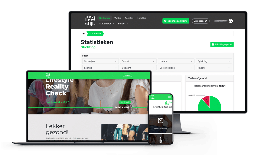 Pagina met statistieken voor beheerders op een desktopscherm. Ook zie je een laptopscherm en mobiel met delen van de homepage. 