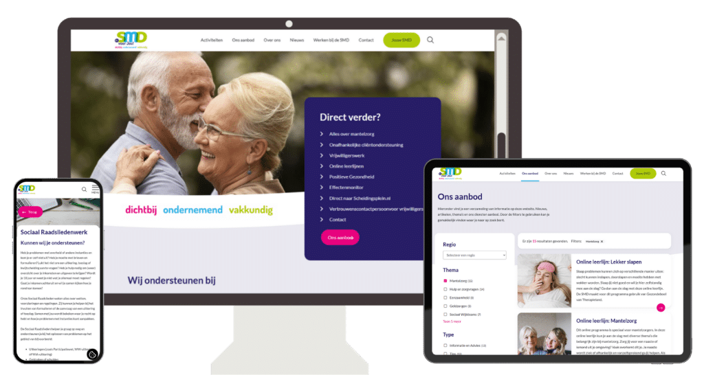 Drie schermen van de website van De SMD: een laptop met de homepage, een tablet met het aanbod en een mobiel met een detailpagina.