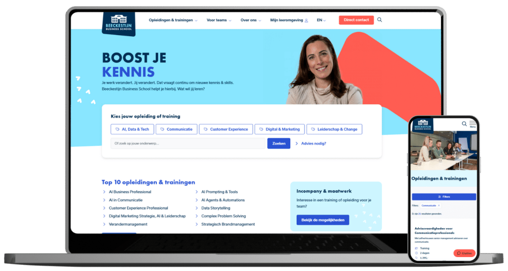 De homepage met het opleidingsaanbod van Beeckestijn op een laptop en zoekscherm op mobiel.