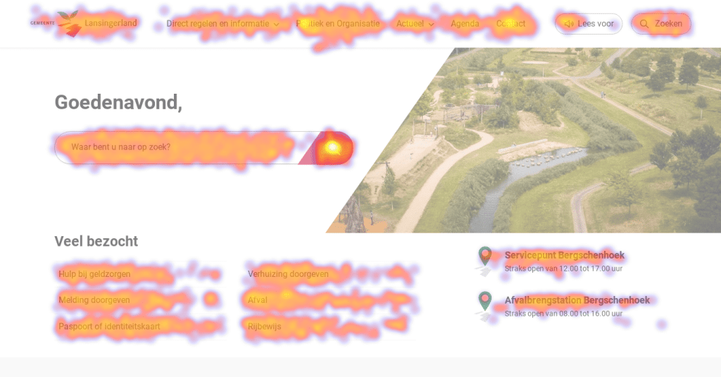 De website heatmap van de homepage van gemeente Lansingerland laat zien waar bezoekers klikken en hoe vaak. De plekken waar bezoekers veel klikken lichten geel/rood op.