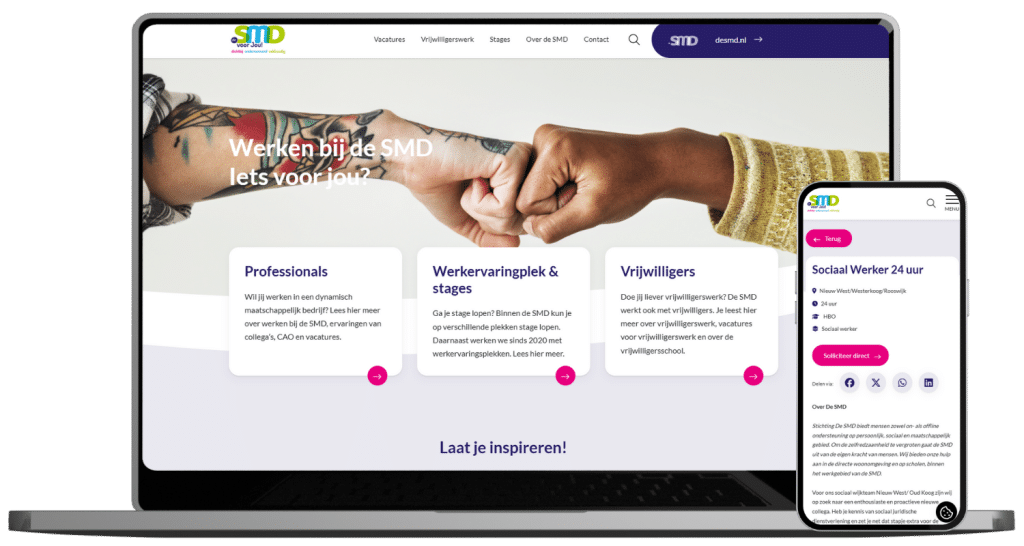 Een laptomscherm met de homepage van de werken-bij-site van welzijnsorganisatie De SMD en op mobiel een detailpagina.