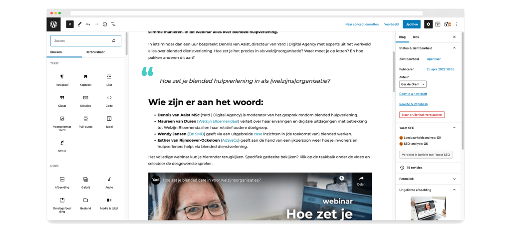 Afbeelding van de blokken in Gutenberg. Daarmee kun je verschillende contentvormen eenvoudig toevoegen. Je ziet blokken met tekst en een met een afbeelding.