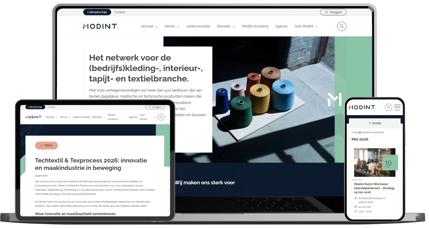 Homepage modint.nl op een laptop, detailpagina op een tablet en een agenda-item op een mobiel.