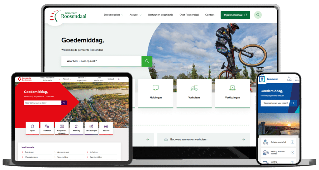 Waarom gemeentewebsites herkenbaar moeten zijn: de kracht van een herkenbare gemeentewebsite. Afbeeldingen van de websites van gemeente Roosendaal,  Gorinchem en Terneuzen.
