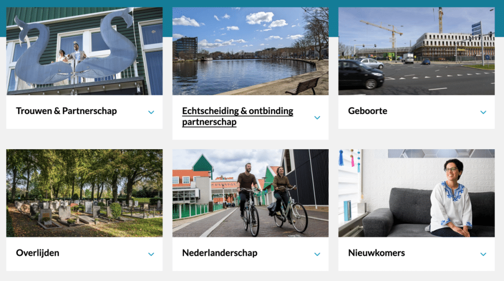 6 blokken met een combinatie van beeld en tekst: Trouwen & partnerschap, echtscheiding & ontbinding partnerschap, geboorte, overlijden, Nederlanderschap en Nieuwkomers. Een gemeentewebsite wordt herkenbaar als beeld en tekst goed op elkaar aansluiten.