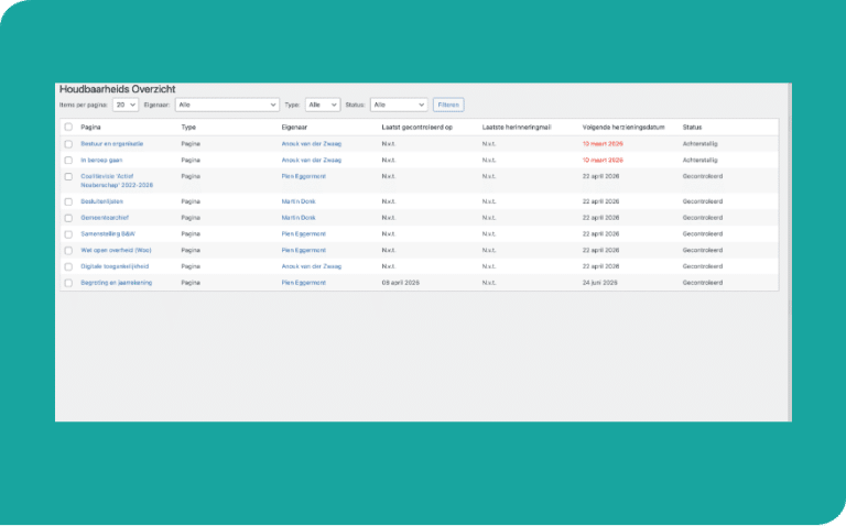 Houdbaarheidsoverzicht in het CMS van een gemeentewebsite. Hiermee kun je het contentbeheer van je gemeentewebsite automatiseren.
