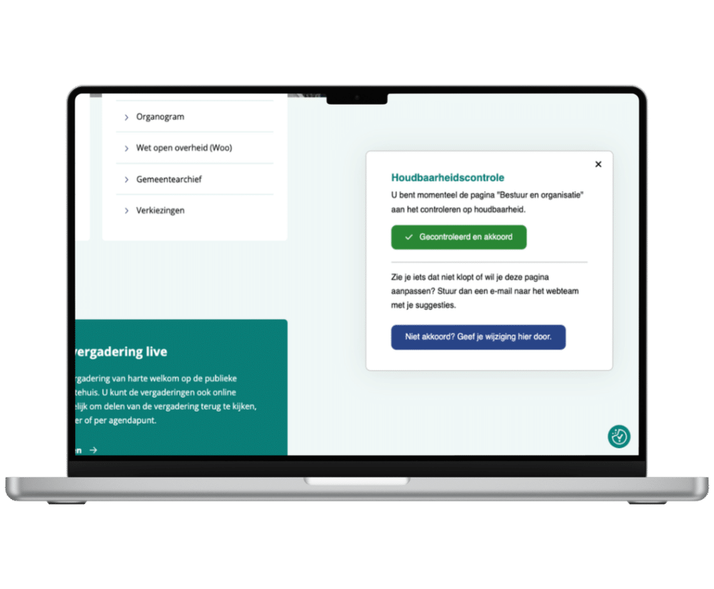 Melding 'Houdbaarheidscontrole' op een gemeentepagina.