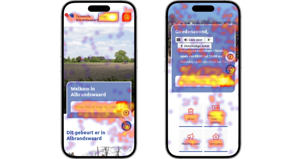 Twee mobieltjes met daarop de twee versies van de homepage van gemeente Albrandswaard. Daaroverheen zijn de heatmapdata te zien: de kleuren geven aan dat in de neutrale variant vooral op de zoekbalk wordt geklikt. In de taakgerichte variant wordt ook veel op de zoekbalk geklikt, maar daarnaast ook vaak op de toptaken 'afval', 'paspoort, ID-kaart & rijbewijs' (de meeste kliks), 'melding doen' en 'verhuizen'.