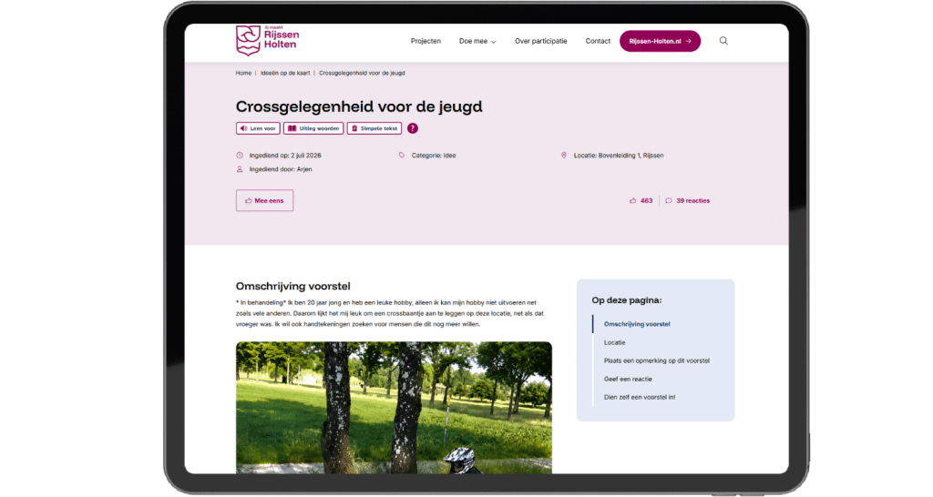 Detailpagina van een ingediend idee op het participatieplatform voor gemeenten op een tablet.
